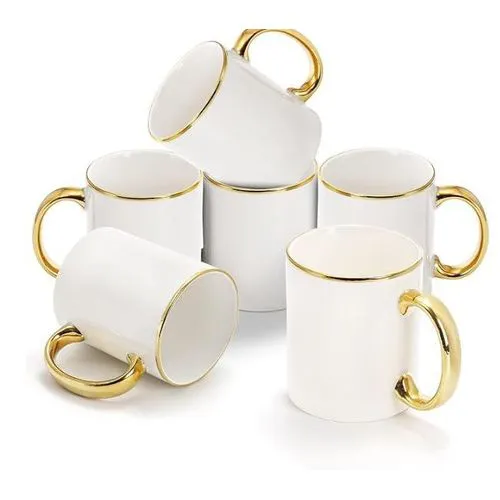 Set Of 6 Ceramic Mugs In Gold Rim & Handle - Elegant Coffee Tea Cups with Gold Trim, Durable Ceramic, 6-Piece Mug Set for Home, Office, Party, Gifts (350ml)