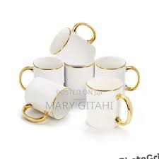 Set Of 6 Ceramic Mugs In Gold Rim & Handle - Elegant Coffee Tea Cups with Gold Trim, Durable Ceramic, 6-Piece Mug Set for Home, Office, Party, Gifts (350ml)