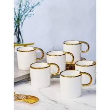Set Of 6 Ceramic Mugs In Gold Rim & Handle - Elegant Coffee Tea Cups with Gold Trim, Durable Ceramic, 6-Piece Mug Set for Home, Office, Party, Gifts (350ml)