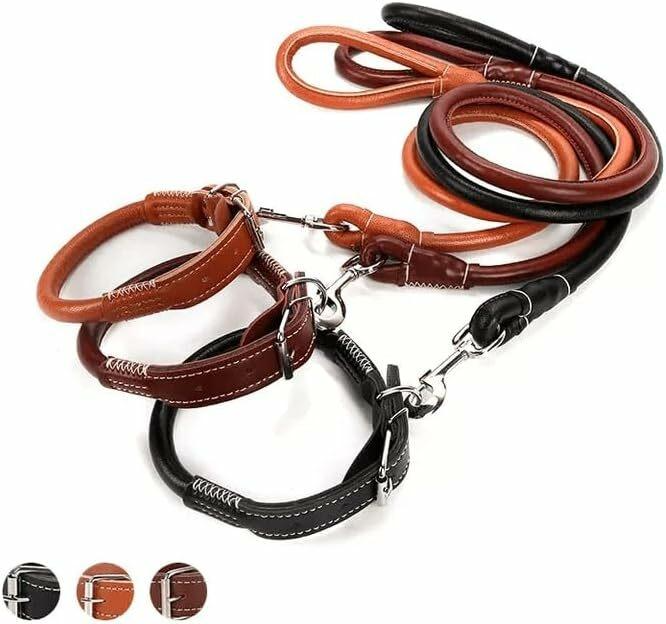 Complete Set Easy Grip Rolled Up Leather Dog Collar and Leash – Adjustable PU Leather for Comfortable and Secure Walking, Durable Pet Accessories for Small to Large Dogs