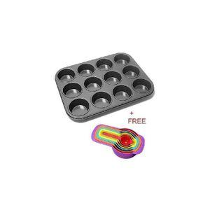 12-Hole Muffin Tin / Baking Tin with Free Measuring Cup Set – Non-Stick Bakeware for Cupcakes, Muffins, and Desserts, Oven & Dishwasher Safe for Home Baking