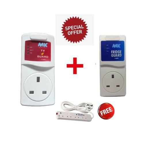 TV Guard + Fridge Guard with Free 4-Way Extension Cable – Surge Protector Voltage Stabilizer for Home Appliances, Protects TVs, Fridges & Electronics Safely