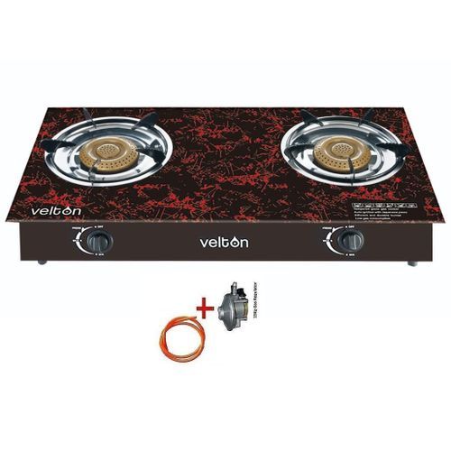 VELTON Two Burner - Glass Top + Regulator & Pipe - Black