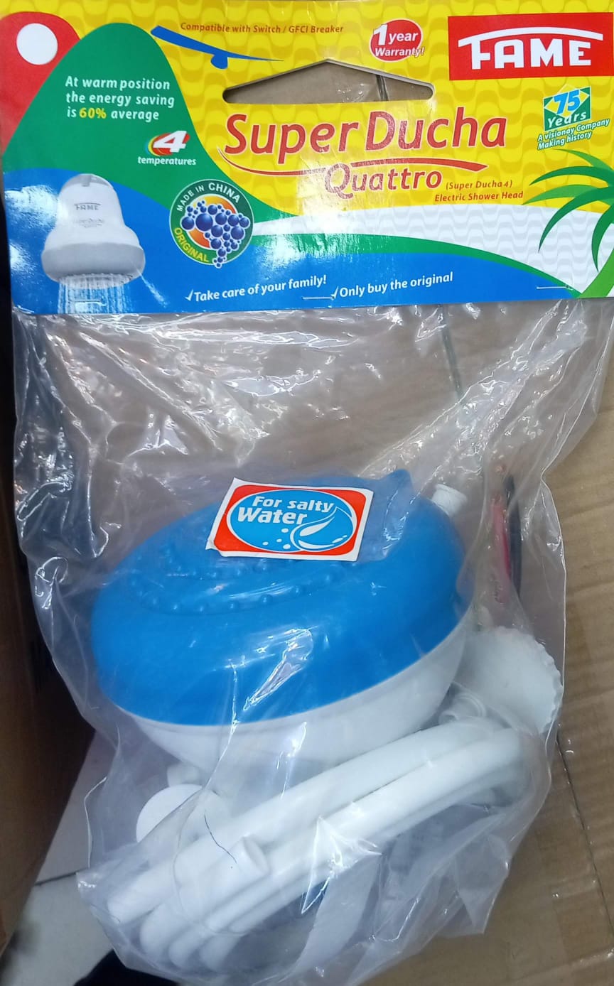 FAME Super Ducha Quattro 4T Instant Shower Head.Works with regular water and mildly salty/ borehole water.
4 temperatures (cold, warm, hot and super hot).
Wide water spreader for a comfortable shower.