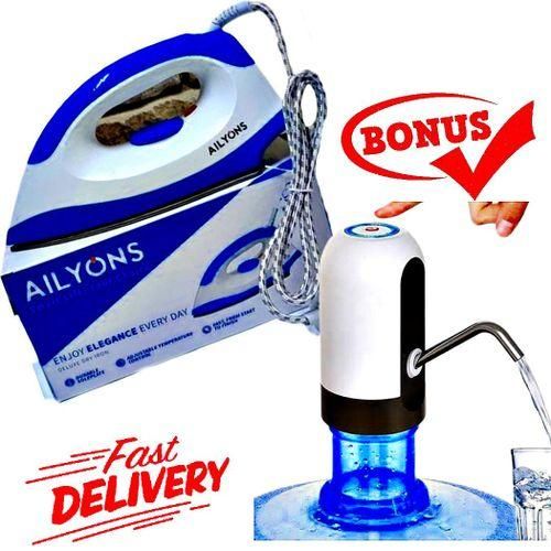AILYONS High Performance Home Appliance Energy Efficient Dry Iron Box, Ironbox + FREE GIFT Rechargeable Dining Table Water Hand Pump Dispenser.1000W
Compact design
Non-stick soleplate
Overheating prot