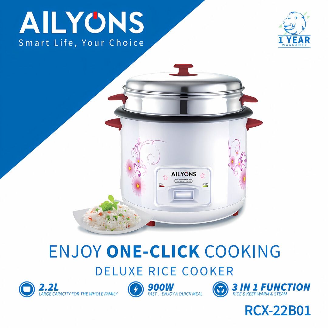 🍳Limited deal✔️🍳AILYONS 2.2L, 900W Rice Cooker🍳🍳Large For The Whole Family
Power : 900W
Luxury Color And Exquisite Appearance 
Non-Stick Removable Inner Pot
Automatic Cooking Single Switch For Eas