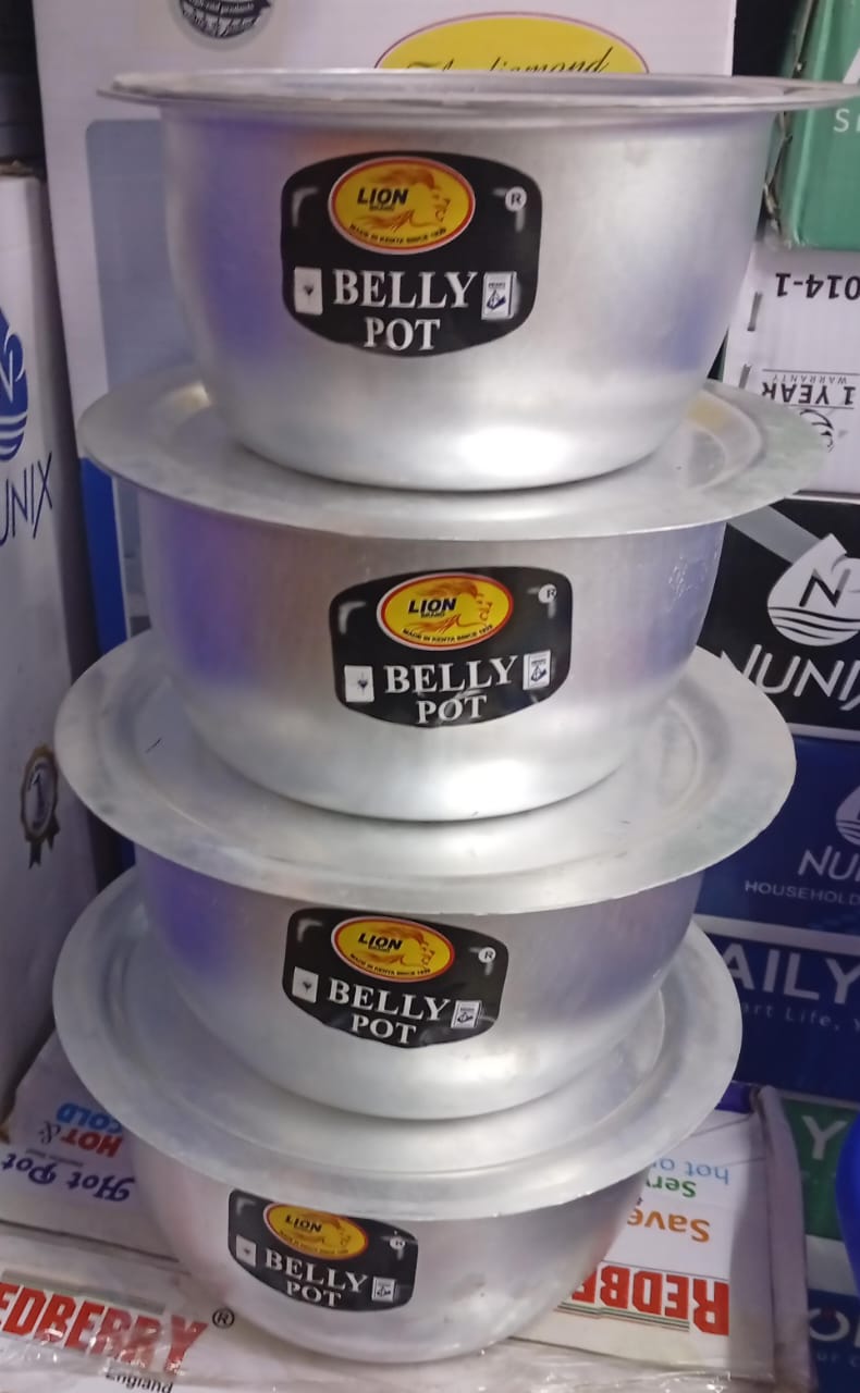 ▪️📍PROMOTION PRICE 🕳🧏Belly pot Extra heavy Lion Brand Aluminum kitchen Belly Pot Sufuria + 4pcs lids.Stainless aluminum offers Excellent cooking performance. 
Ideal for open charcoal jiko or firewo