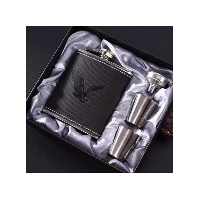 Stainless Leather Whisky/Whiskey Bottle Hip + 2 Tot Cups