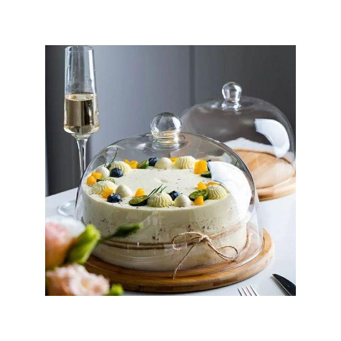 Cake Stand Glass Serving Cake Cover Bamboo Base Display