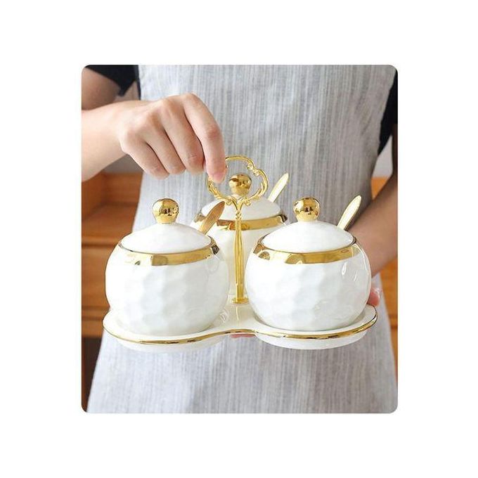 3PCS Sugar Ceramic Dish With Lid & Spoons And Tray