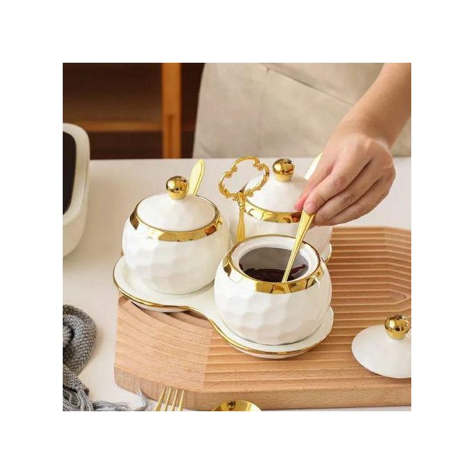 3PCS Sugar Ceramic Dish With Lid & Spoons And Tray