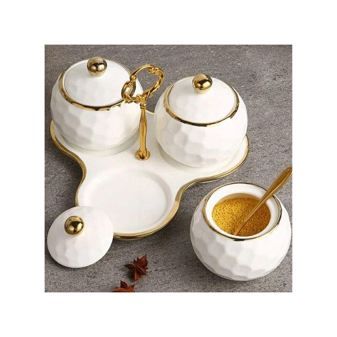 3PCS Sugar Ceramic Dish With Lid & Spoons And Tray