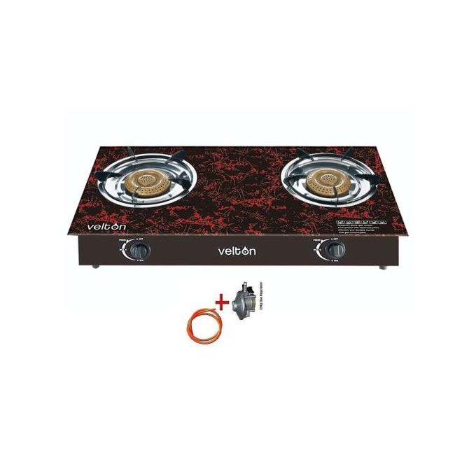 VELTON Two Burner - Glass Top + Regulator & Pipe - Black