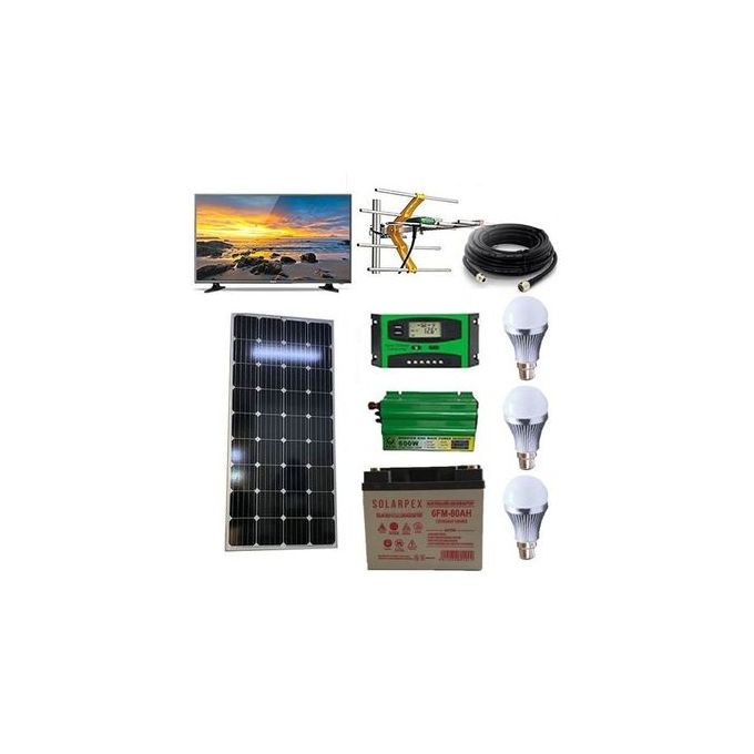 Powermate 100W Solar Panel Full KIT + 80aH Solar Battery+300W Solar Power Inverter + 10Ah Solar Charge Controller + 24" DC TV+ Aerial $ Cable +3 DC Bulb +