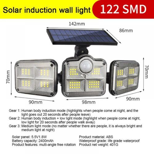 Solar Light Outdoor 120 LED Motion Sensor Lights with Remote Control 3 Heads Security LED Flood Lights