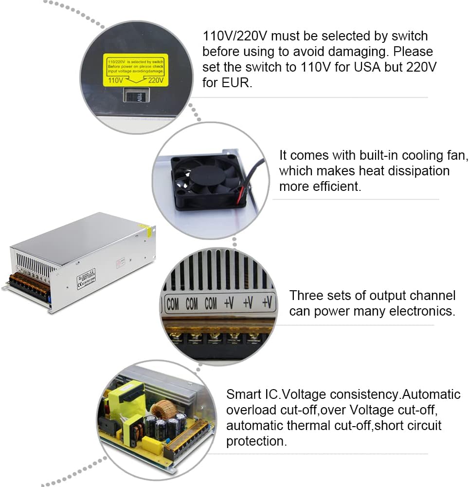 DC 12V 50A 600W Power Supply Adapter Transformer Switch AC 110V / 220V to DC 12V 20amp Switching Converter LED Driver for LED Strip Light CCTV Camera Security System Radio,Computer Project,3D Printer
