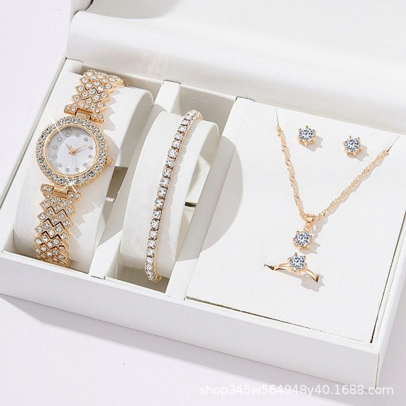 Woman 5pcs/set Quartz Watch Necklace Earrings Bracelet Ring Accessories Set Combination Watch White One Size Silver Picture