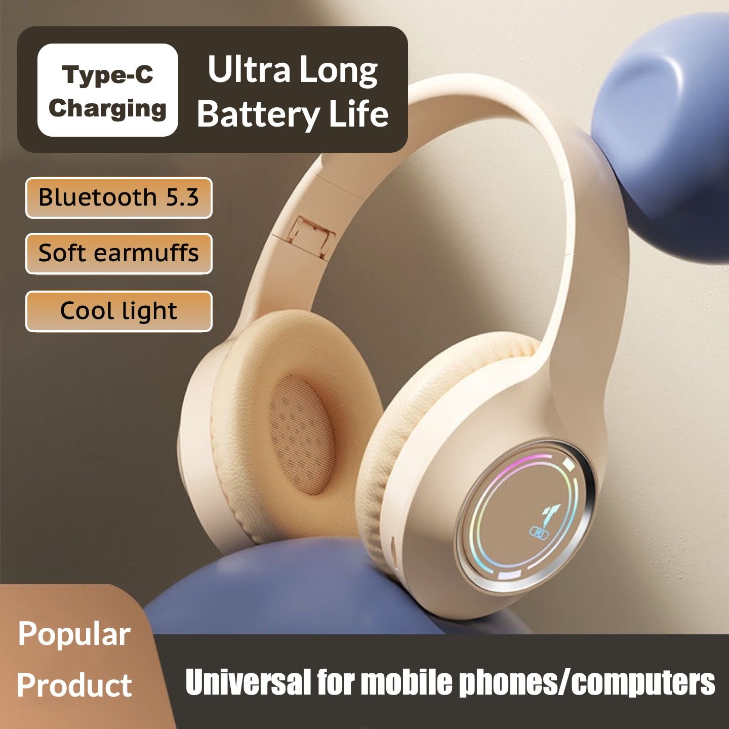2025 Hot Selling TWS Headphone Bluetooth 5.3 Headphones Stereo Wireless Headset With Lights Breathable Earmuffs Foldable Headset Support TF Card and 3.5mm audio cable