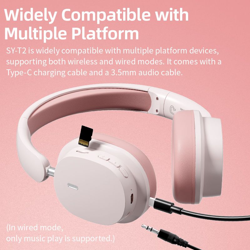 Soyto New Launch SY-T2 Headphone Wireless Bluetooth Headphone Dual-Mic Noise-Reduction Headsets Immersive Spatial Sound Earphones Dual-Connection TF card Supported for Phones and PC