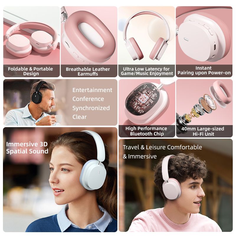 Soyto New Launch SY-T2 Headphone Wireless Bluetooth Headphone Dual-Mic Noise-Reduction Headsets Immersive Spatial Sound Earphones Dual-Connection TF card Supported for Phones and PC