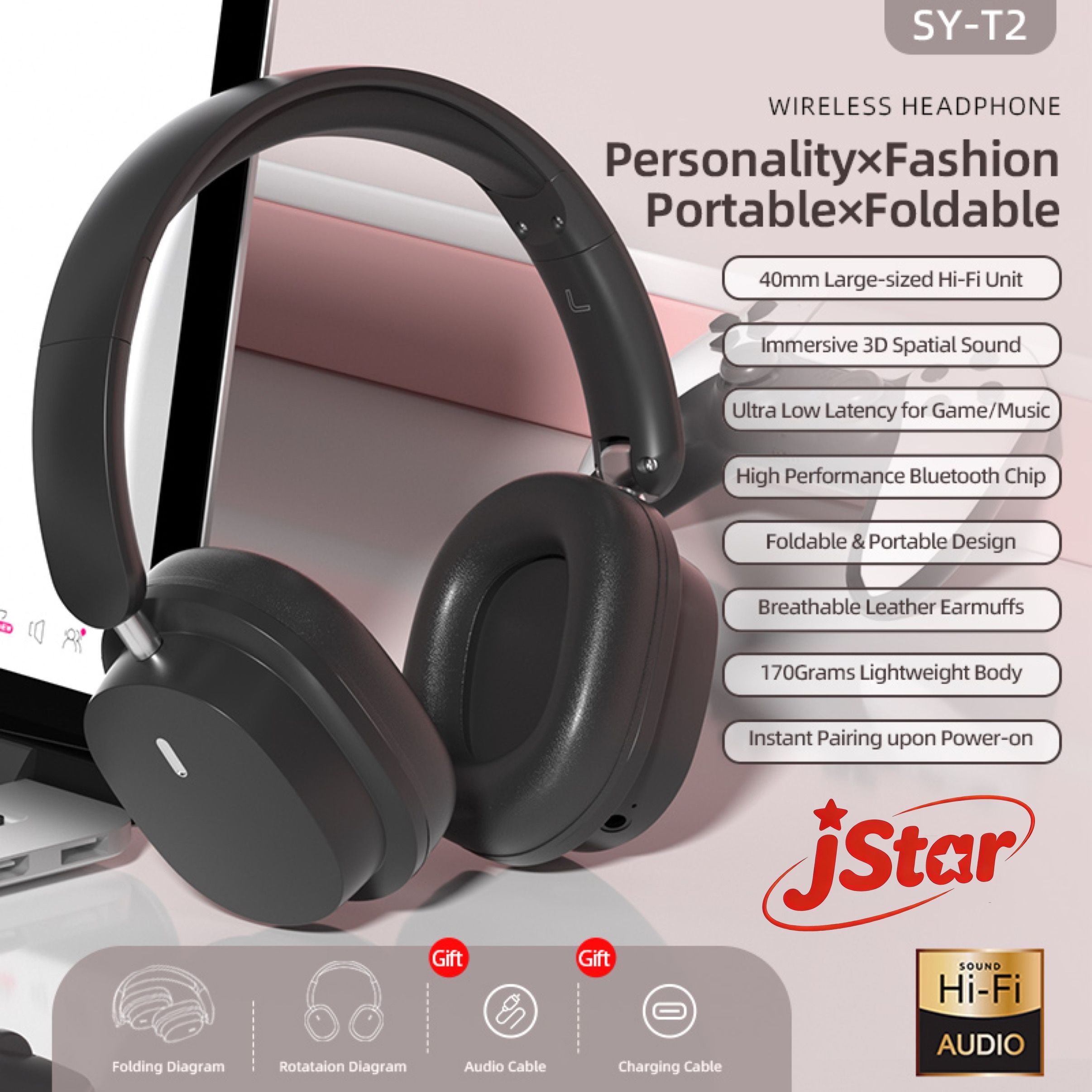 Soyto New Launch SY-T2 Headphone Wireless Bluetooth Headphone Dual-Mic Noise-Reduction Headsets Immersive Spatial Sound Earphones Dual-Connection TF card Supported for Phones and PC