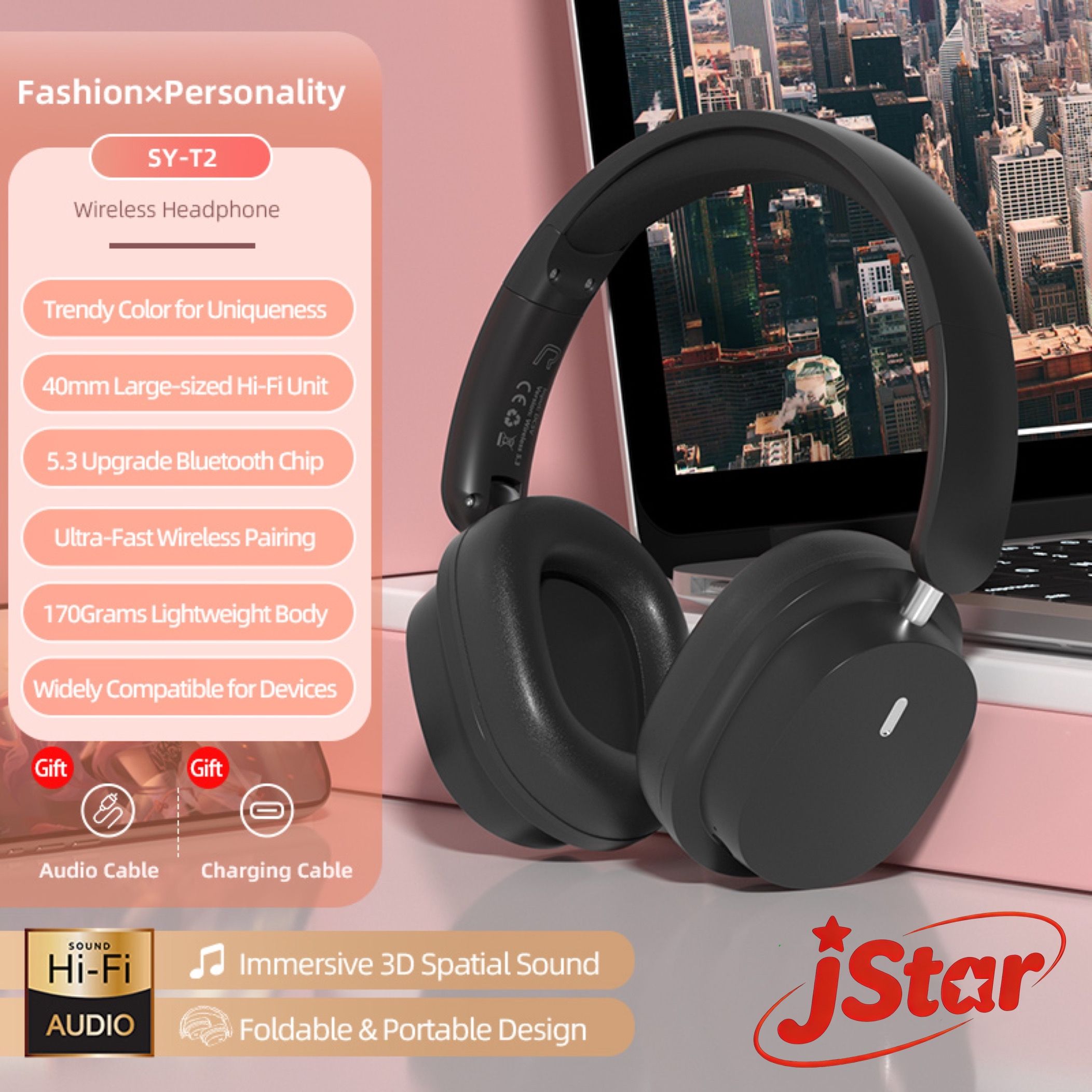 Soyto New Launch SY-T2 Headphone Wireless Bluetooth Headphone Dual-Mic Noise-Reduction Headsets Immersive Spatial Sound Earphones Dual-Connection TF card Supported for Phones and PC