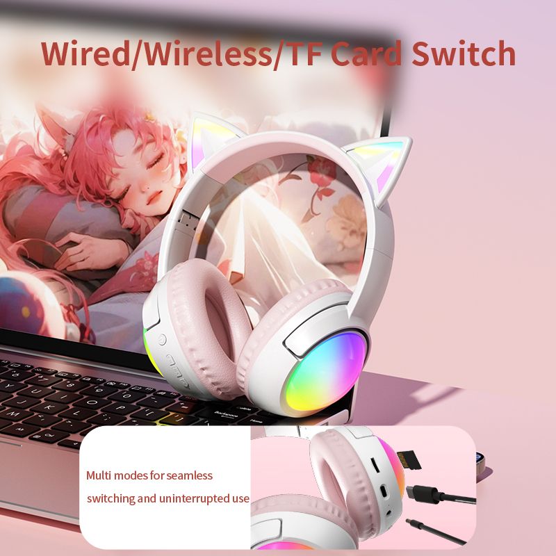 Glowing Cat Ear Headphones Wireless Bluetooth 5.4 Colorful RGB Lights, 40mm Hi-Fi Stereo Bass, ENC Noise Cancelling Mic, 20H Playtime, Support TF Card & AUX Cable, Cute Foldable Gaming Headset gift