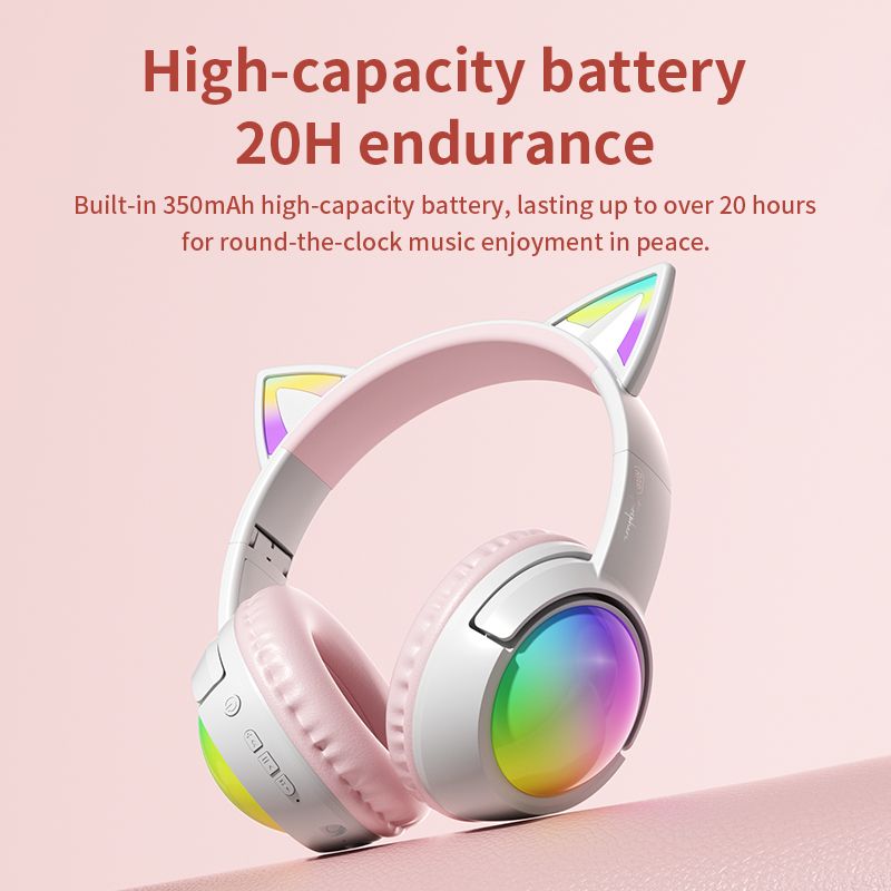 Glowing Cat Ear Headphones Wireless Bluetooth 5.4 Colorful RGB Lights, 40mm Hi-Fi Stereo Bass, ENC Noise Cancelling Mic, 20H Playtime, Support TF Card & AUX Cable, Cute Foldable Gaming Headset gift