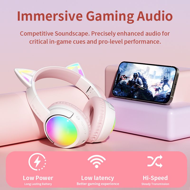 Glowing Cat Ear Headphones Wireless Bluetooth 5.4 Colorful RGB Lights, 40mm Hi-Fi Stereo Bass, ENC Noise Cancelling Mic, 20H Playtime, Support TF Card & AUX Cable, Cute Foldable Gaming Headset gift