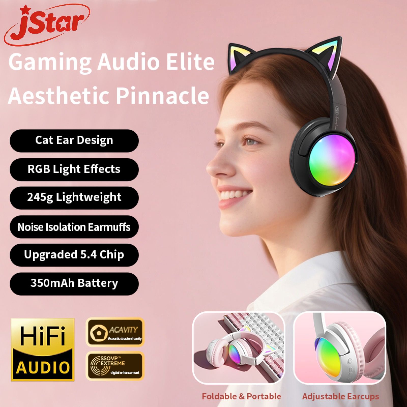 Glowing Cat Ear Headphones Wireless Bluetooth 5.4 Colorful RGB Lights, 40mm Hi-Fi Stereo Bass, ENC Noise Cancelling Mic, 20H Playtime, Support TF Card & AUX Cable, Cute Foldable Gaming Headset gift