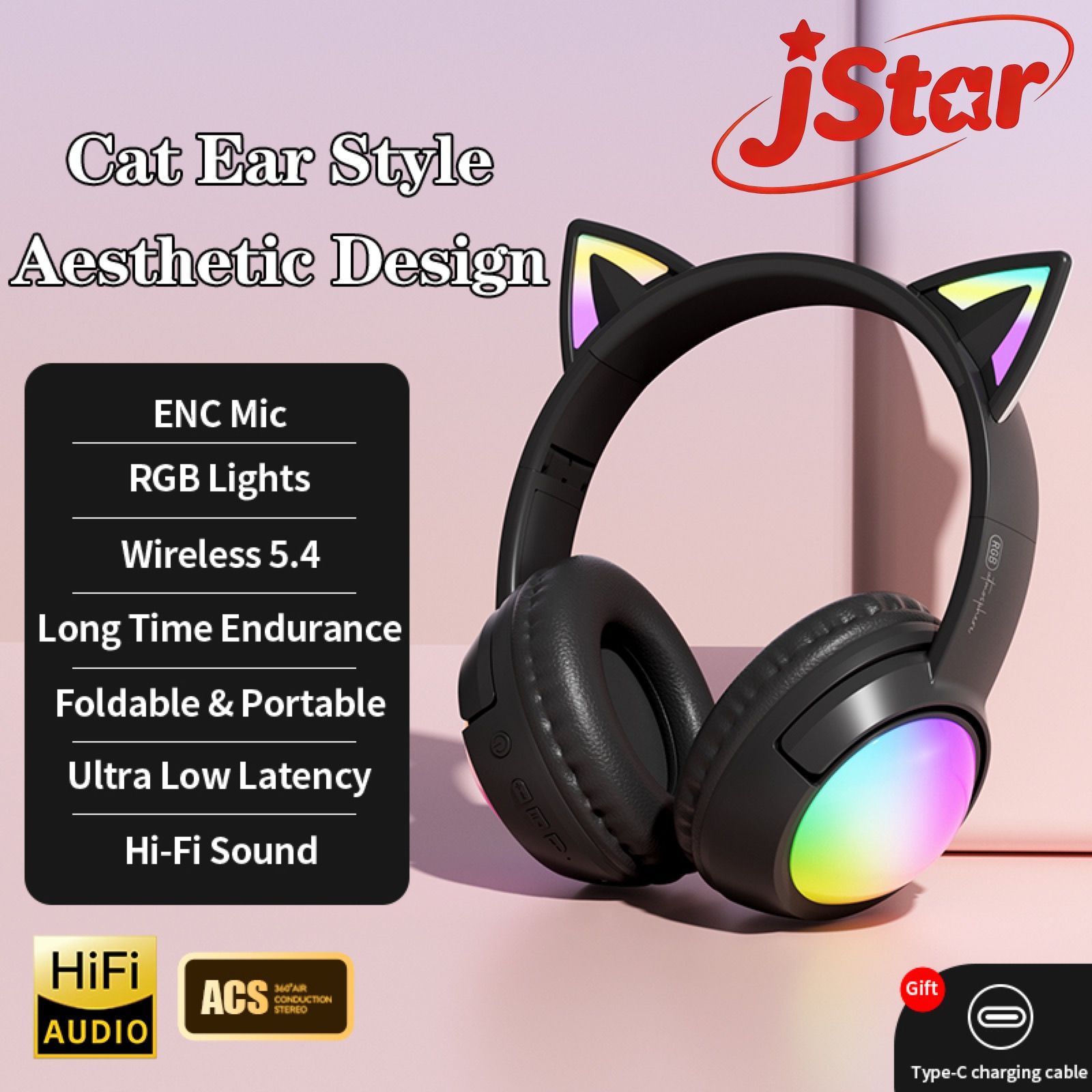 Glowing Cat Ear Headphones Wireless Bluetooth 5.4 Colorful RGB Lights, 40mm Hi-Fi Stereo Bass, ENC Noise Cancelling Mic, 20H Playtime, Support TF Card & AUX Cable, Cute Foldable Gaming Headset gift
