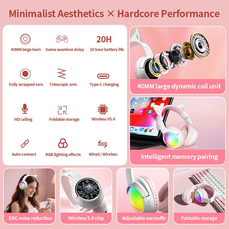 Glowing Cat Ear Headphones Wireless Bluetooth 5.4 Colorful RGB Lights, 40mm Hi-Fi Stereo Bass, ENC Noise Cancelling Mic, 20H Playtime, Support TF Card & AUX Cable, Cute Foldable Gaming Headset gift