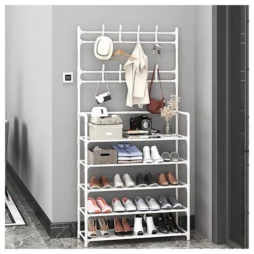 5-Tier Metal Shoe Rack Hat Rack, Entryway Storage OrganizerThe design focuses on user experience, with features like double-row hooks for added convenience and wider shelves to hold various items. Whe