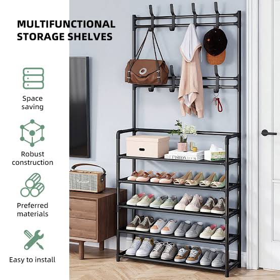 5-Tier Metal Shoe Rack Hat Rack, Entryway Storage OrganizerThe design focuses on user experience, with features like double-row hooks for added convenience and wider shelves to hold various items. Whe