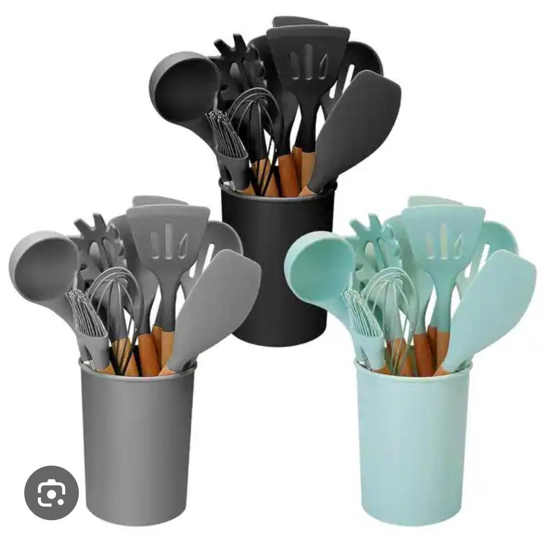 11pc nonstick  silicon cooking/serving spoon set  lotted turner, pasta server, flexible spatula, basting brush, whisk, tongs, round spatula, turner, plastic utensils holder, covering all you need to c