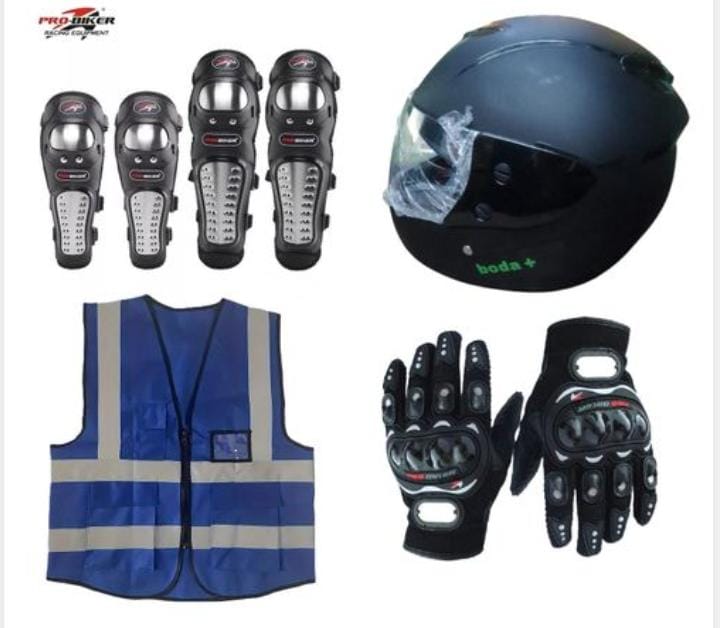 Motorcycle Riders Protective Gears Combo: Pro-biker Knee & Elbow Guard Set, Full Head Helmet (Black), Reflective Vest (Blue) And Pro-biker Full Fingers Gloves ( Black)