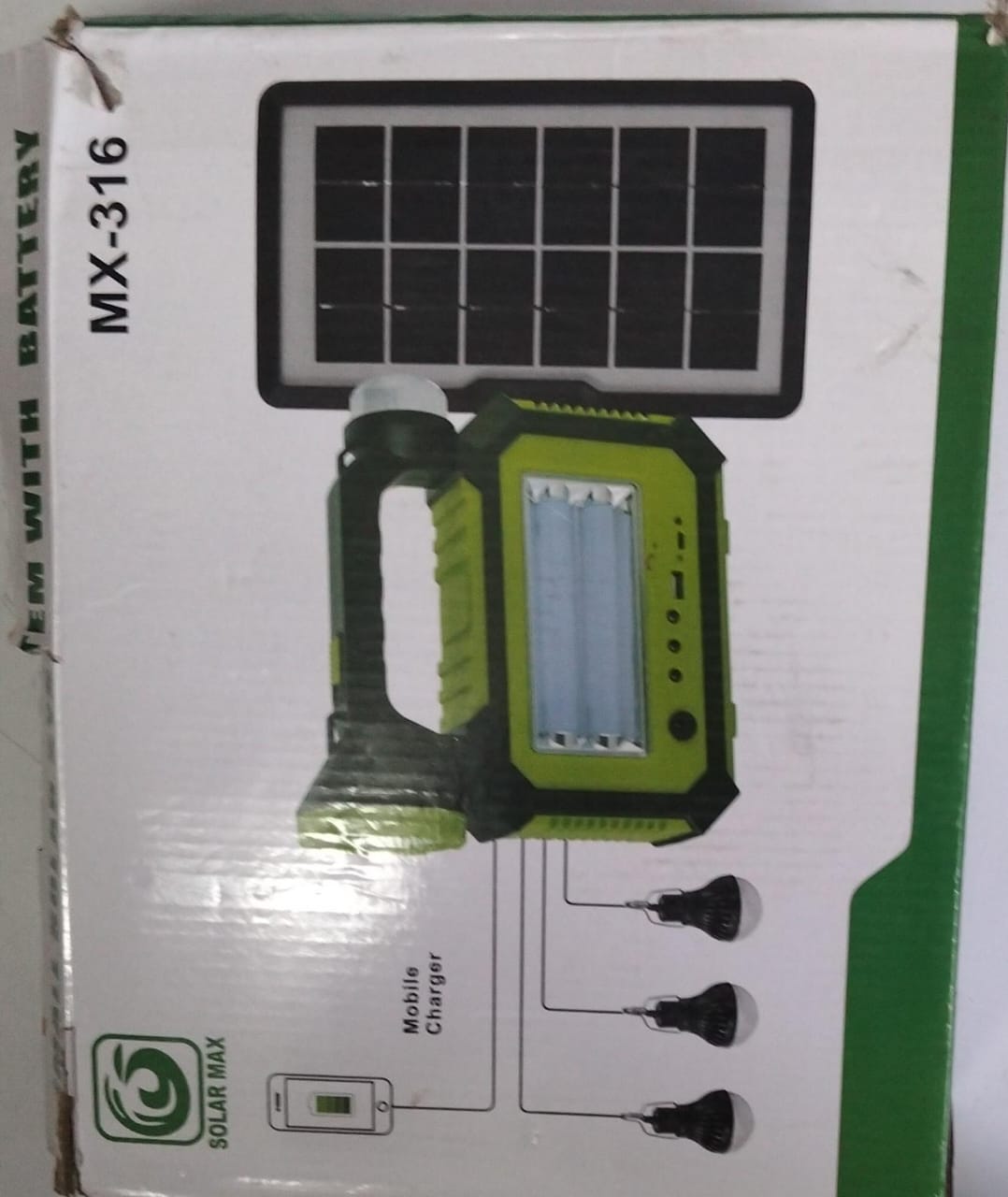 SOLAR MAX MX-316   Complete solar home kit: control unit with built-in battery + panel
3 bright LED bulbs with long cables & individual switches
USB phone charging (multi-port)
Torch/flashlight on the