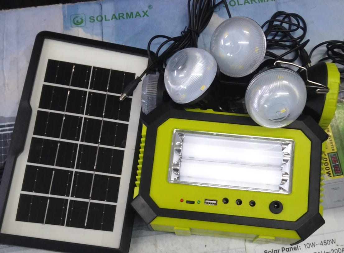 solar  max solar lighting kit with 3 LED bulbs, torch/flashlight and USB phone charging. Reliable off-grid light for home, shop or kiosk. Delivery countrywide.