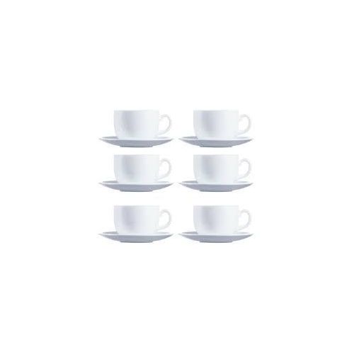 Set of 6 Luminarc Tempered Glass Cups with Saucers.This set contains six cups and six matching saucers.
Made from Luminarc tempered glass, which is highly durable and resistant to shocks.