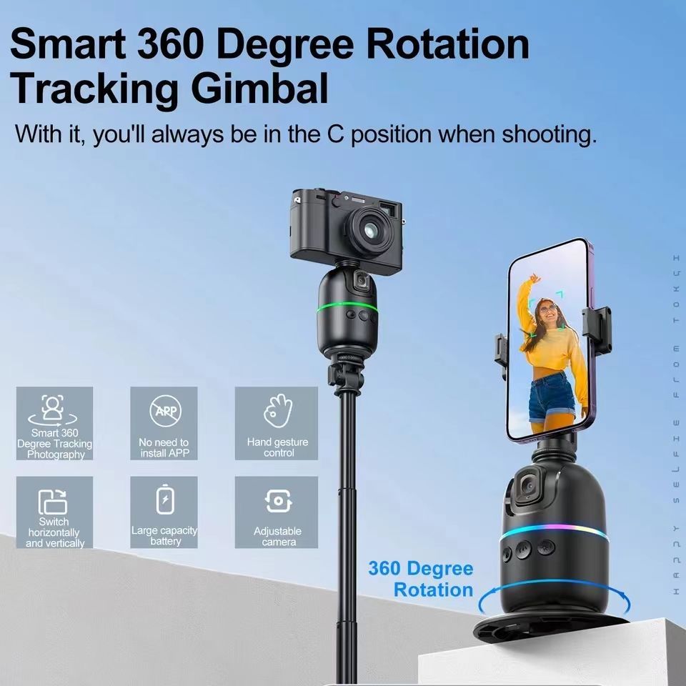 Auto Face Tracking Tripod Gimbal Stabilizer for Phone and Camera,No App Required,360° AI smart follow-up Rotation Stand Holder for Video Recording for Influencer Content Creator Vlog,TikTok,ins PTZ