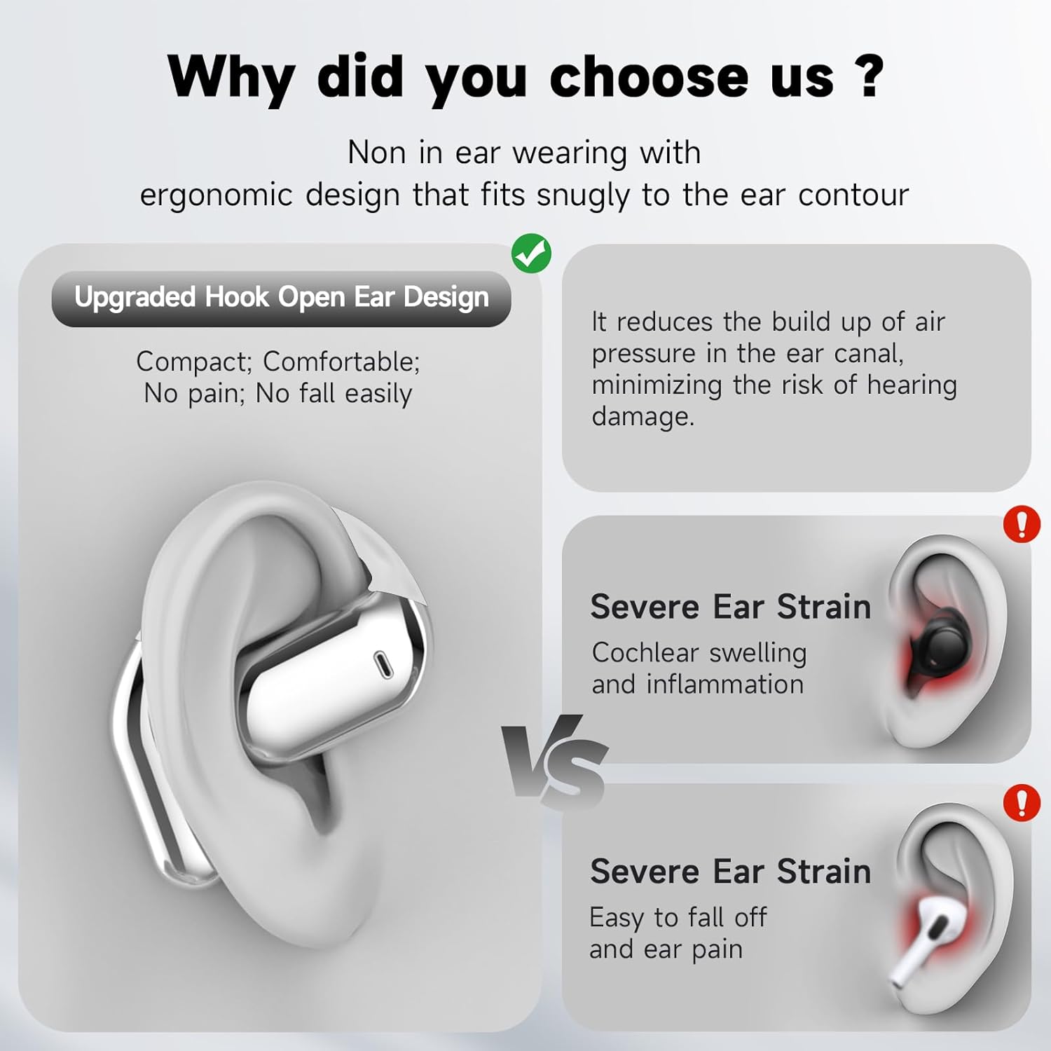Open Ear Bluetooth 5.4 Directional Air Conduction No Sound Leakage Headphones, Wireless Earbuds Sport Over Earphones Built-in Mic with Ear Hooks 50H HiFi Playtime Ear Buds LED Display Charging Case