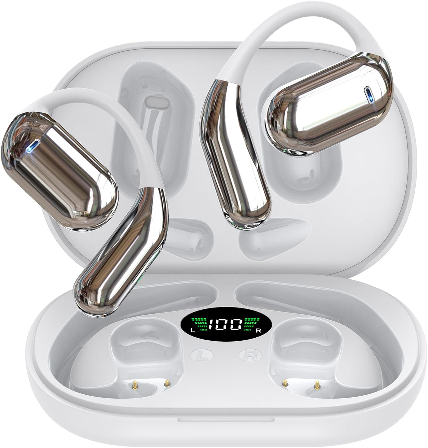 Open Ear Bluetooth 5.4 Directional Air Conduction No Sound Leakage Headphones, Wireless Earbuds Sport Over Earphones Built-in Mic with Ear Hooks 50H HiFi Playtime Ear Buds LED Display Charging Case