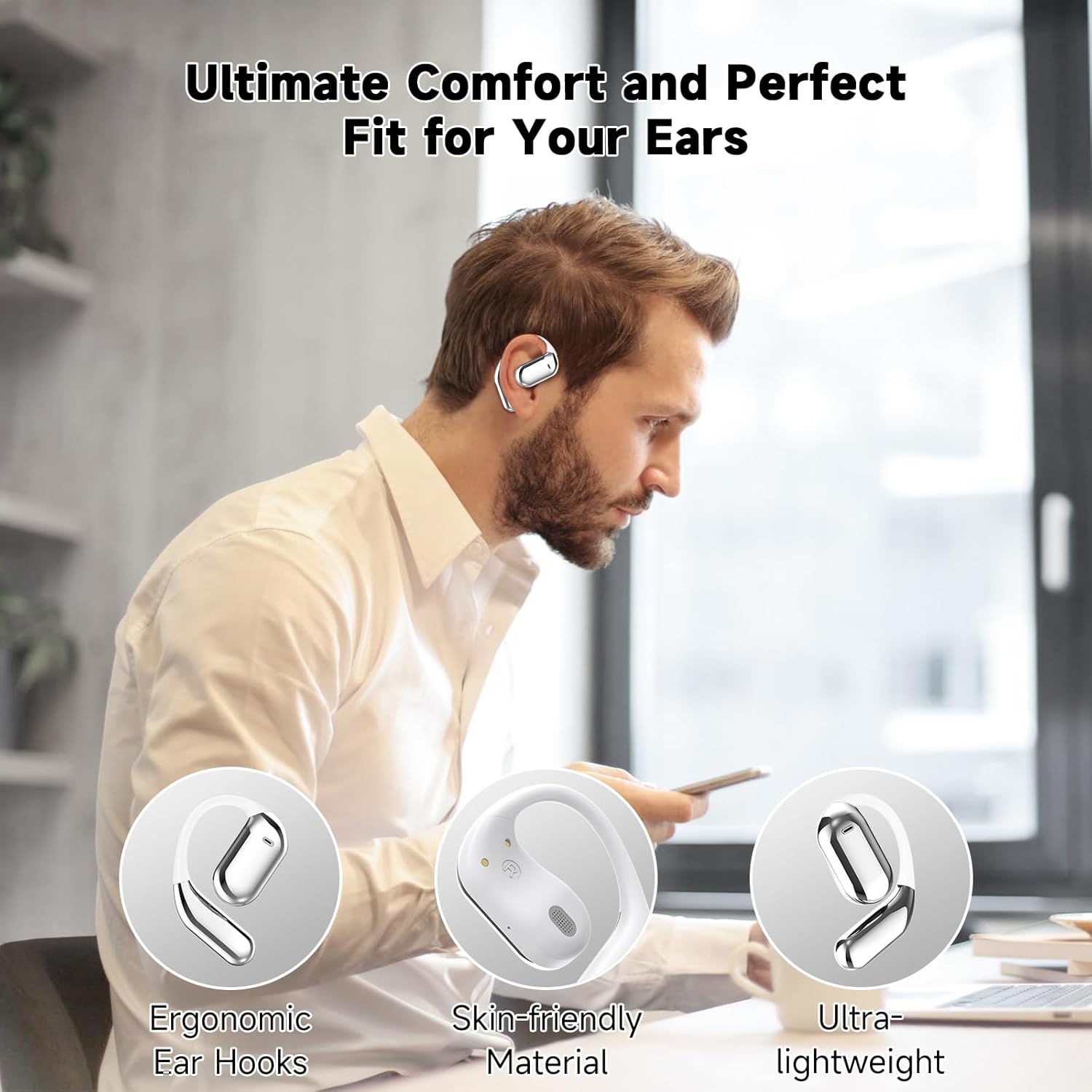 Open Ear Bluetooth 5.4 Directional Air Conduction No Sound Leakage Headphones, Wireless Earbuds Sport Over Earphones Built-in Mic with Ear Hooks 50H HiFi Playtime Ear Buds LED Display Charging Case