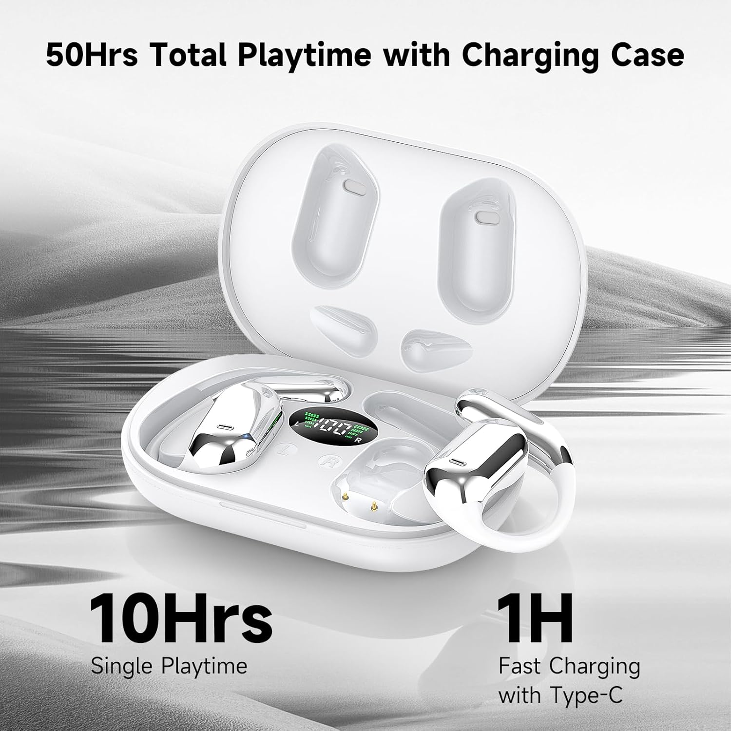 Open Ear Bluetooth 5.4 Directional Air Conduction No Sound Leakage Headphones, Wireless Earbuds Sport Over Earphones Built-in Mic with Ear Hooks 50H HiFi Playtime Ear Buds LED Display Charging Case