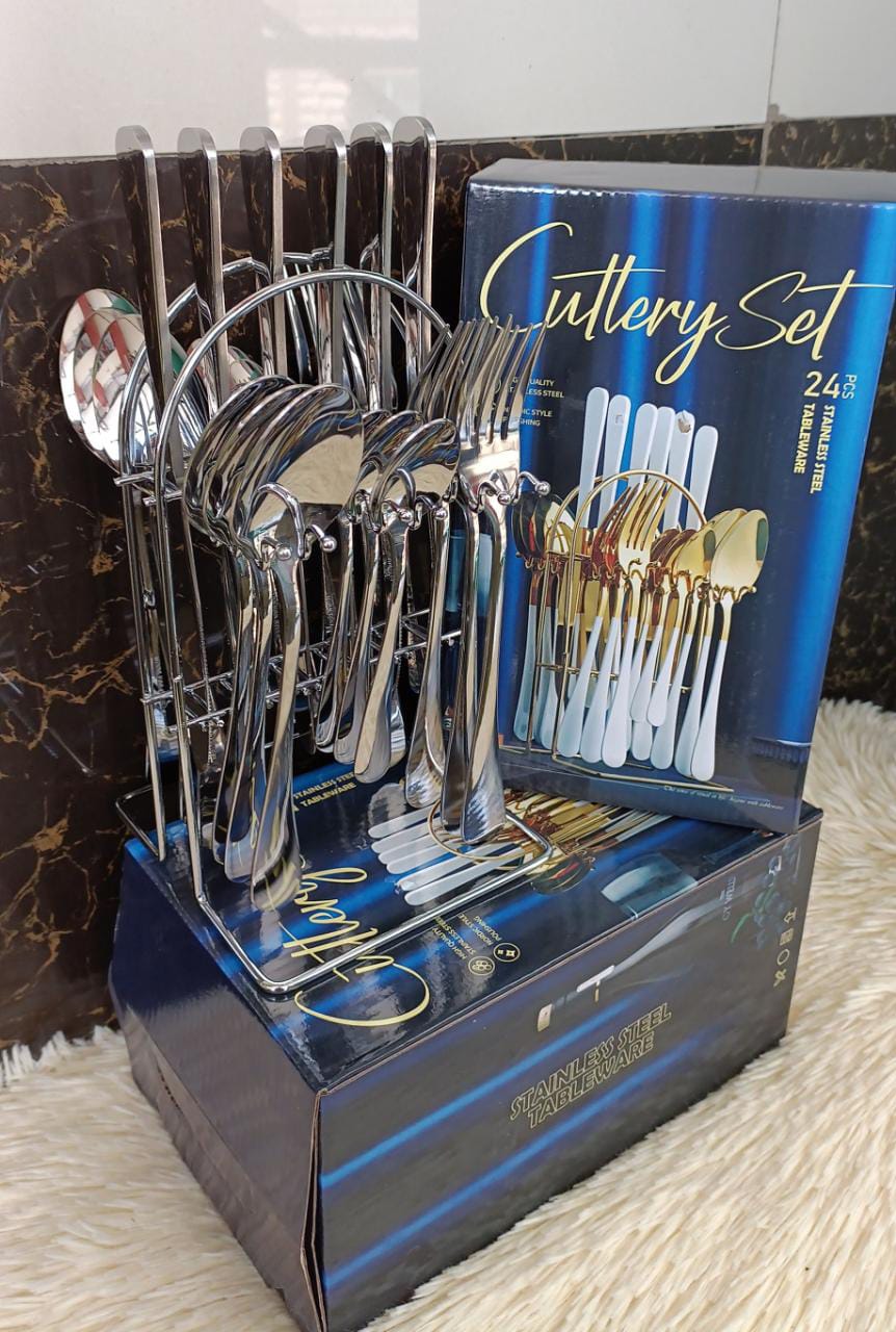 24 Pcs Stainless Steel Cutlery Spoons Set +Stand - Silver   With the set comes a stand that has been designed with a silver finish. Moreover, it is made of stainless steel, which is known for its long