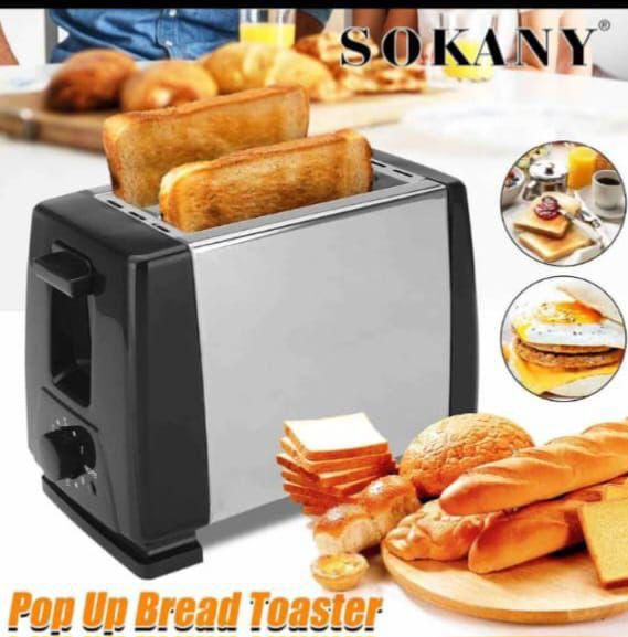 Sokany Automatic 2 Bread Toaster Breakfast MACHINE   After the plug, the stainless steel negative to the bottom, the toaster began to heat work; Pull the plug or press the STOP button, the bread will