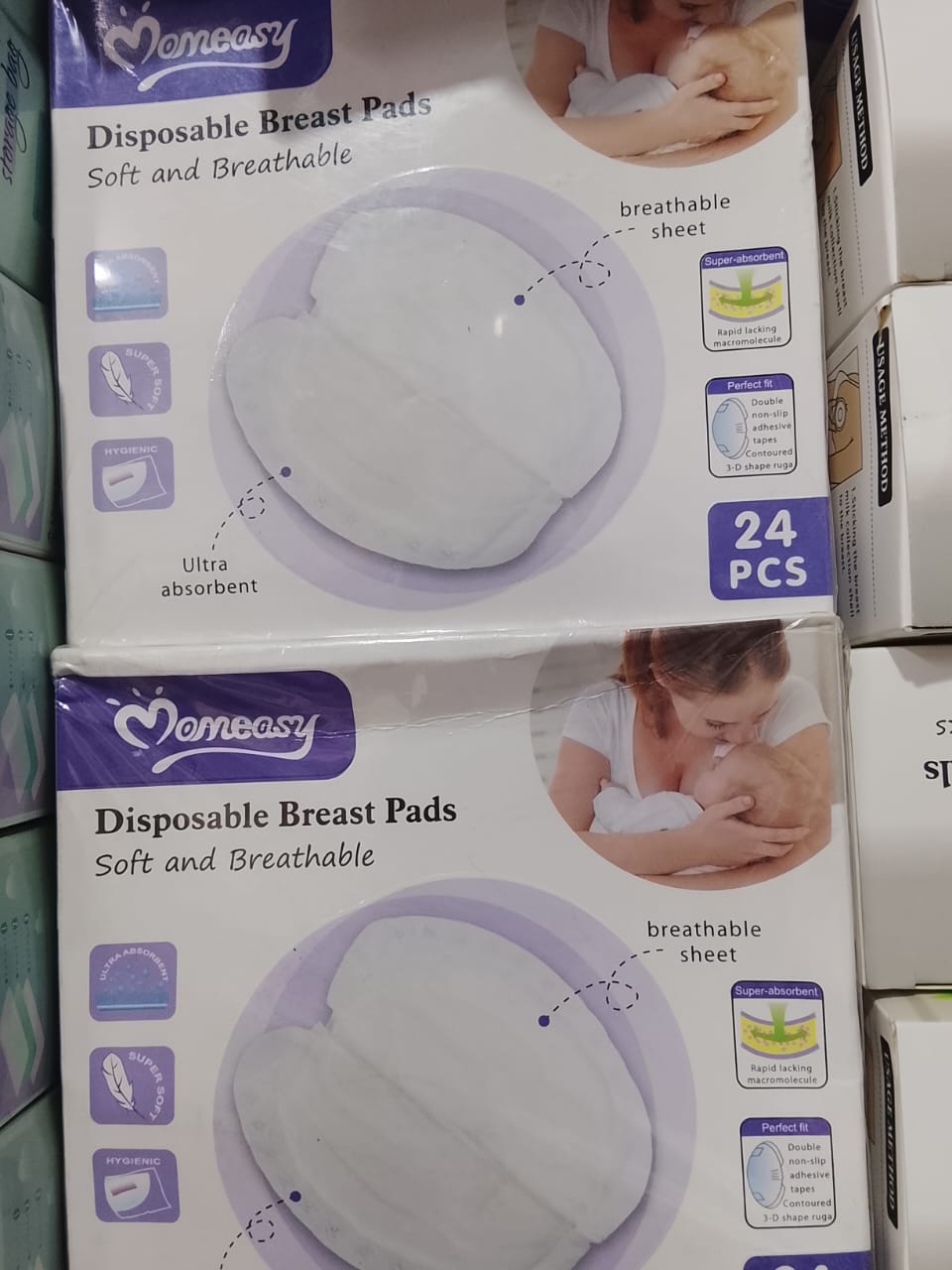 Disposable breast pads These disposable breast pads fit snugly into any brassiere. This breast pad keeps the mother’s breasts dry and comfortable. The Pads lock in the seepage, thus preventing any emb