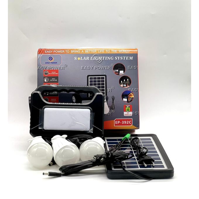 Easy Power EP-392C Solar Lighting System - Portable Solar Kit  The unit also acts as a power bank to charge your mobile devices via the included multi-USB cable.Place the solar panel in direct sunligh