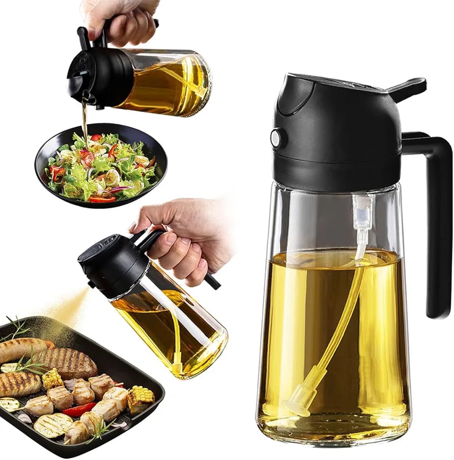 Oil dispenser This oil bottle combines spraying and pouring functions in one design, making it suitable for salad dressing, frying, roasting, grilling, BBQ, and daily cooking.