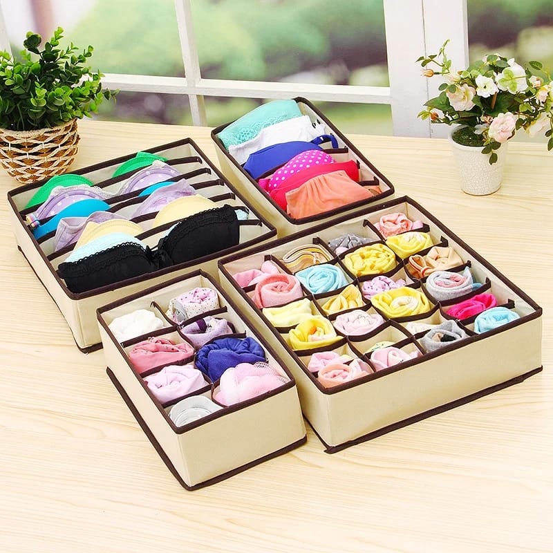 4in1 under garments organizer Makes your storage space neat and clean
Stores bras, panties, underwear, socks, ties, scarves, or anything that you want to access quickly and easily
Lightweight and hand